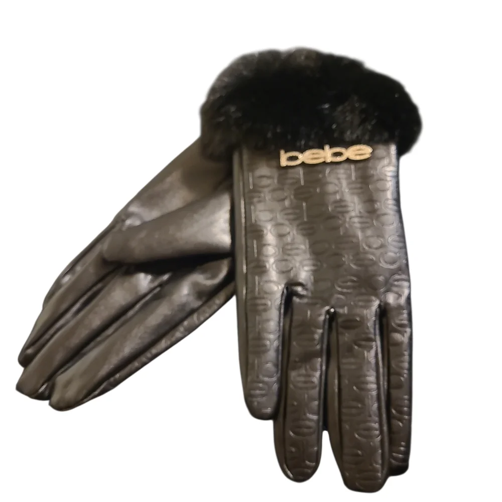 Bebe Black Faux Leather and Fur Trim Gloves - OSFM